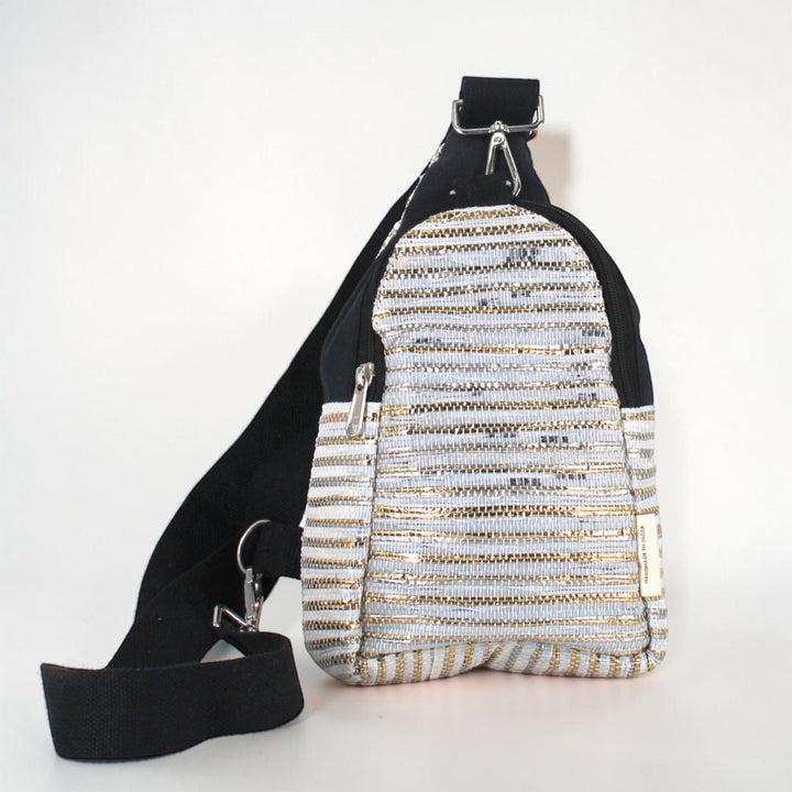 Light Blue and Golden Striped Upcycled Plastic Handcrafted Shoulder Crossbody Bag