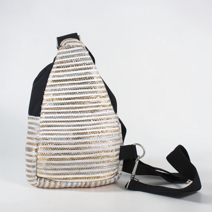 Light Blue and Golden Striped Upcycled Plastic Handcrafted Shoulder Crossbody Bag