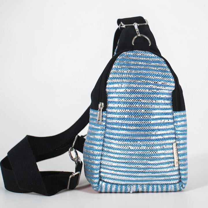 Blue and Silver Striped Upcycled Plastic Handcrafted Shoulder Crossbody Bag