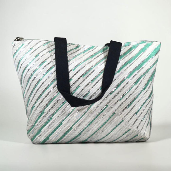 Green and White Upcycled Plastic Handcrafted Designer Tote Bag