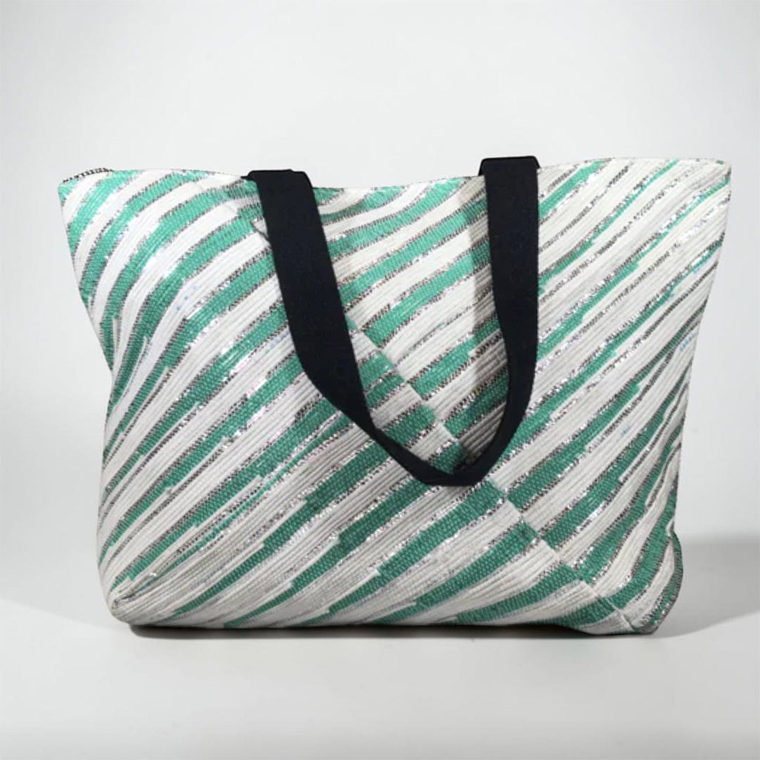 Green and White Upcycled Plastic Handcrafted Designer Tote Bag