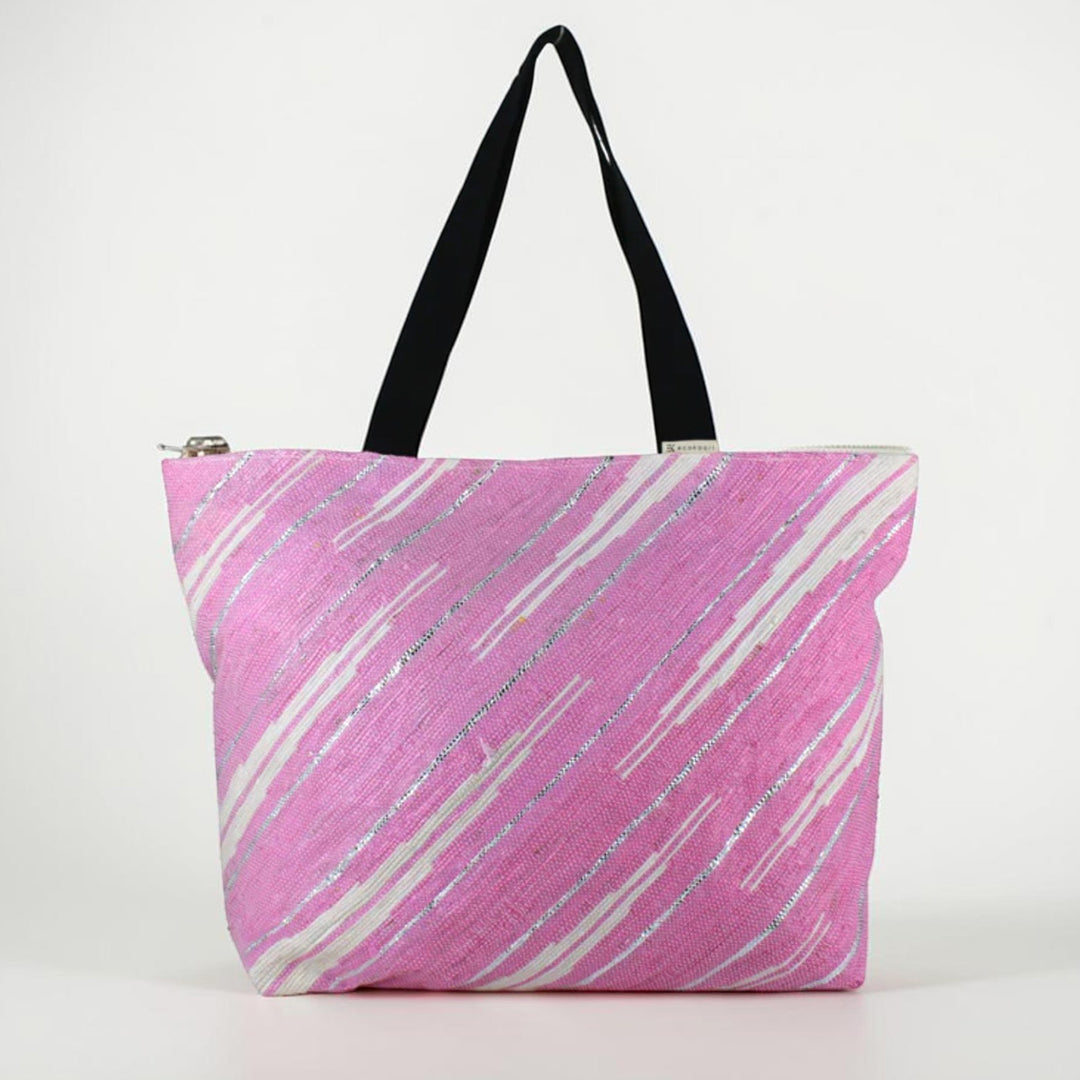 Pink and White UpcycledPlastic Handcrafted Designer Tote Bag
