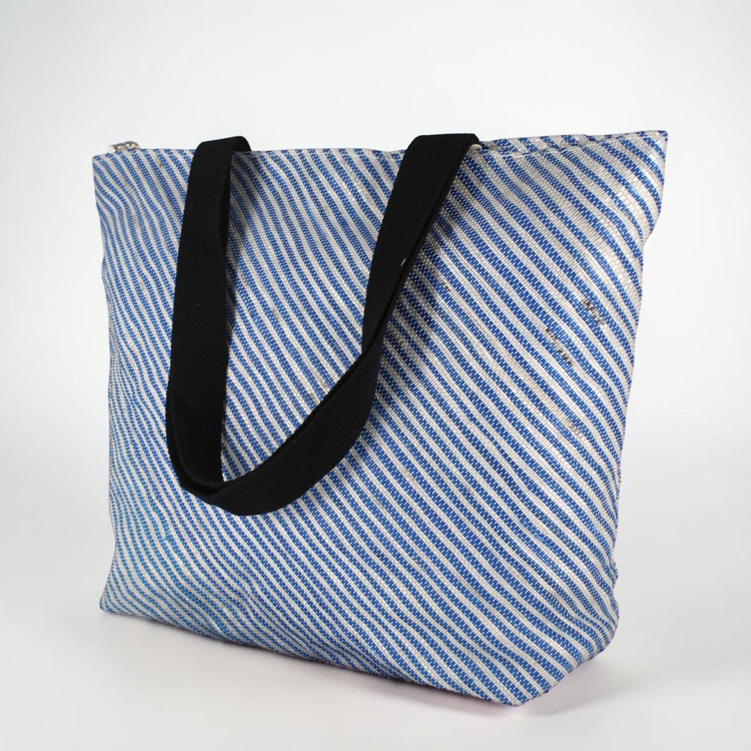 Silver and Blue Striped Upcycled Plastic Handcrafted Beach Tote Bag