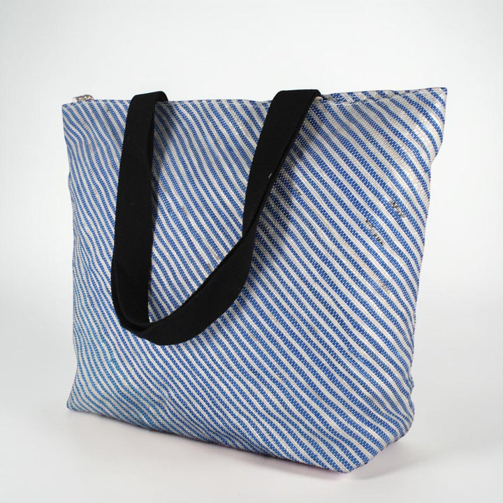 Silver and Blue Striped Upcycled Plastic Handcrafted Beach Tote Bag