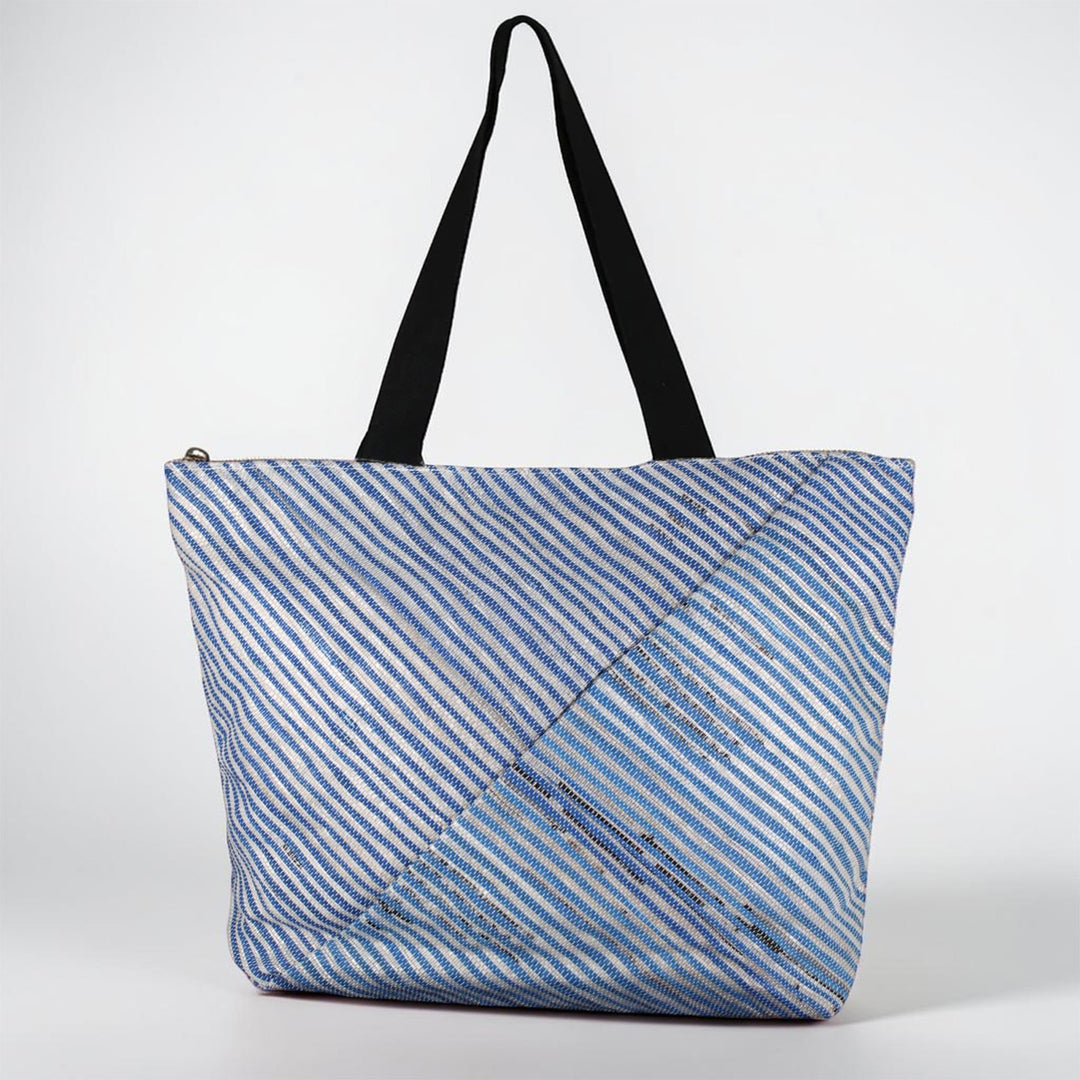 Silver and Blue Striped Upcycled Plastic Handcrafted Beach Tote Bag