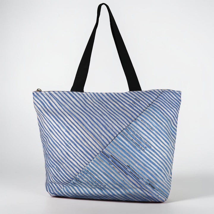 Silver and Blue Striped Upcycled Plastic Handcrafted Beach Tote Bag