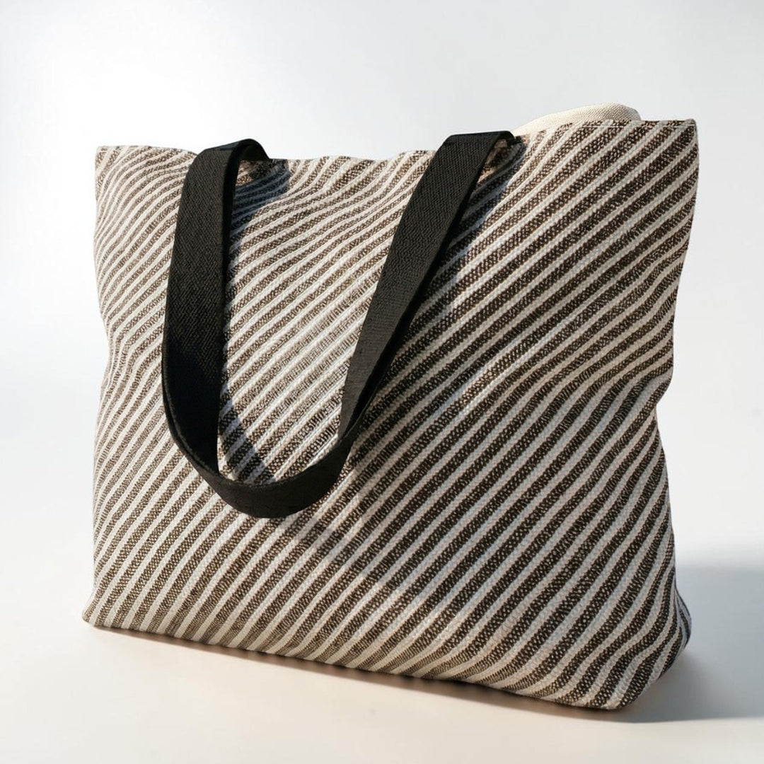 Silver and Black Striped Upcycled Plastic Handcrafted Beach Tote Bag