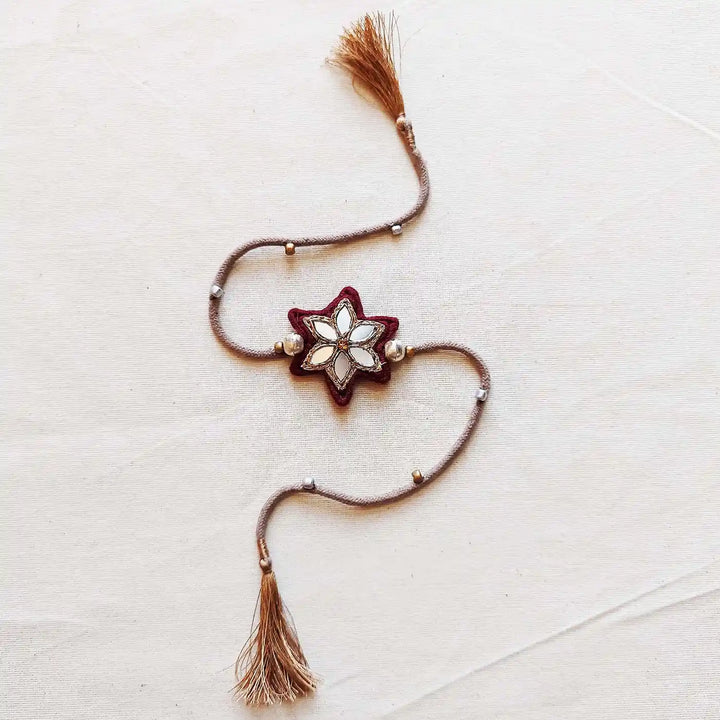Handmade Mirror Work Flower Rakhi With Roli Chawal - Full Length View (15)