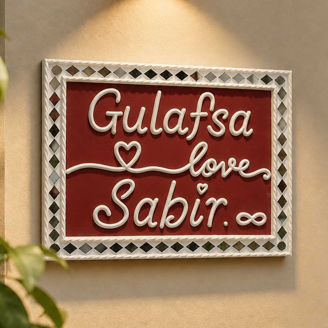 Personalized Handcrafted Lippan Art Love Theme MDF Name Plate For Couples