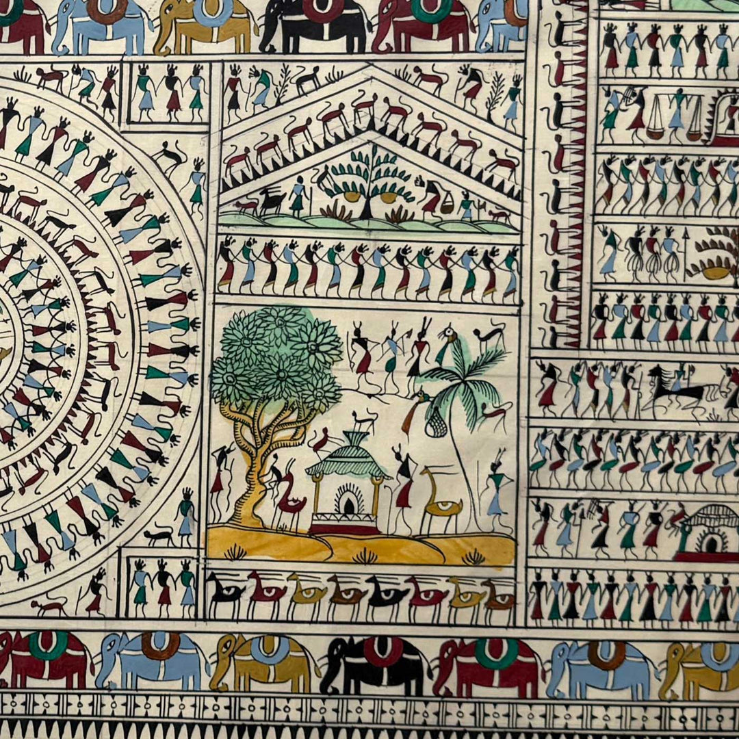 41 X 20 Inch | Handmade Tussar Silk Saura Mandala Painting