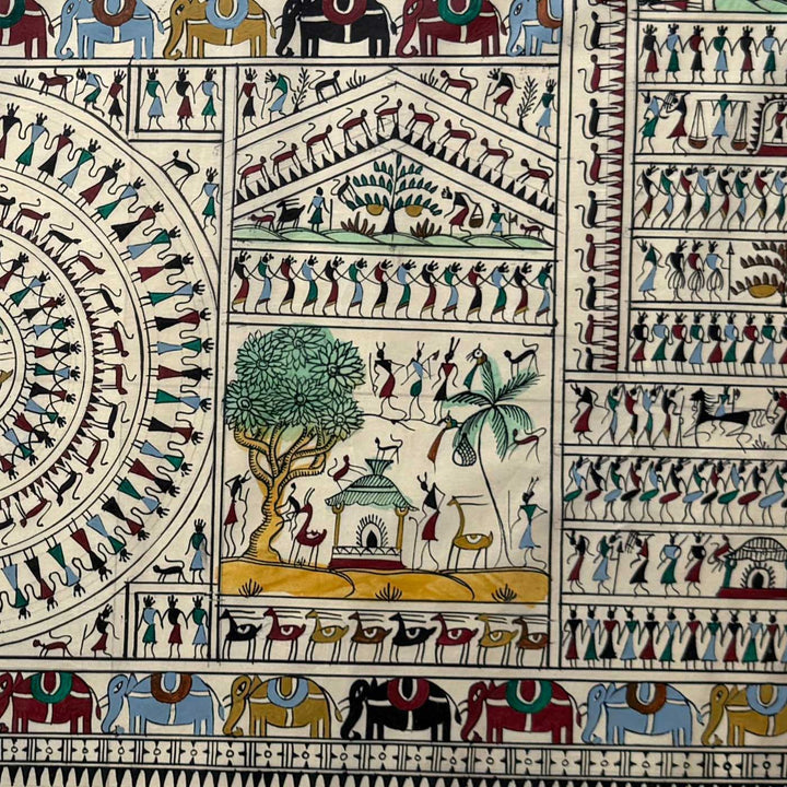 41 X 20 Inch | Handmade Tussar Silk Saura Mandala Painting