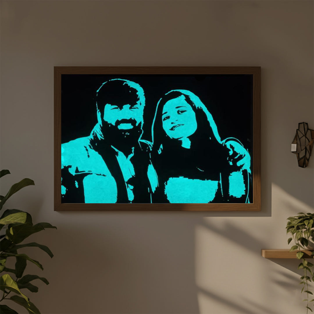 Photo Personalized Glow in the Dark Hand Illustrated Portrait With Premium Wooden Frame