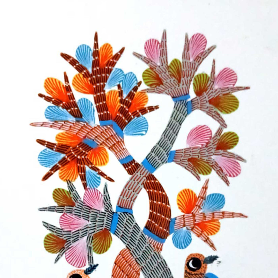 6 x 8 Inch | Bird & Tree | Original Hand painted Tribal Gond Art Painting | Acrylic Paints On Paper