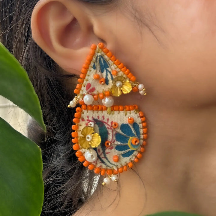 Hand Embroidered Madhubani Orange-Edged Floral Drop Cotton Earrings