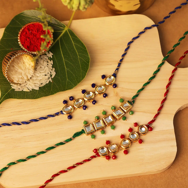 Handmade Minimalist Green, Blue & Red Rakhi With Roli Chawal | Set Of 3