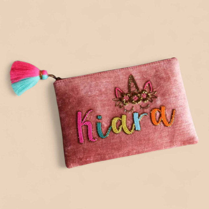 Personalized Handmade Embroidered Multicolor Letters Rust Velvet Pouch