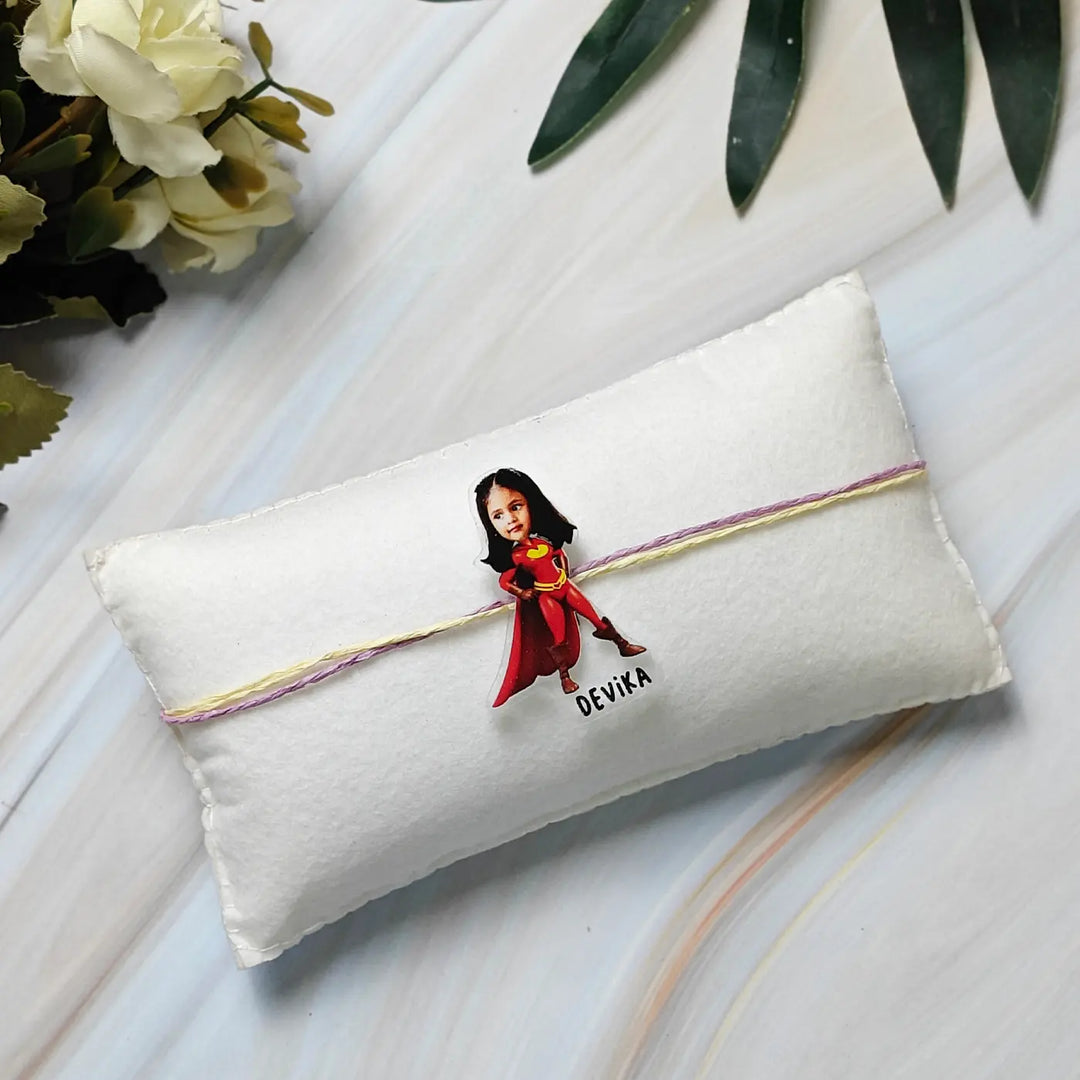 Photo Personalized Reusable Caricature Super Girl Theme Acrylic Kids Rakhi