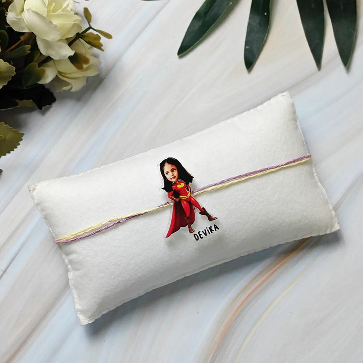 Photo Personalized Reusable Caricature Super Girl Theme Acrylic Kids Rakhi