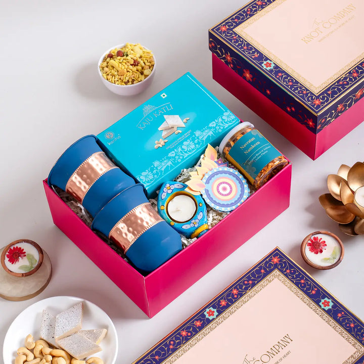 Premium Festive Diwali Gift Hamper | Includes 2 Copper Glasses, 1 Kaju Katli, 1 Tealight Holder, 1 Diya Toran, 1 Namkeen Jar, 1 Gift Box