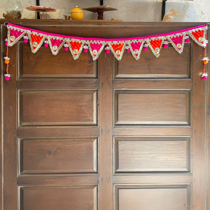Handmade Pink & Orange Gota Triangle Festive Banderwal Toran with Pom Poms