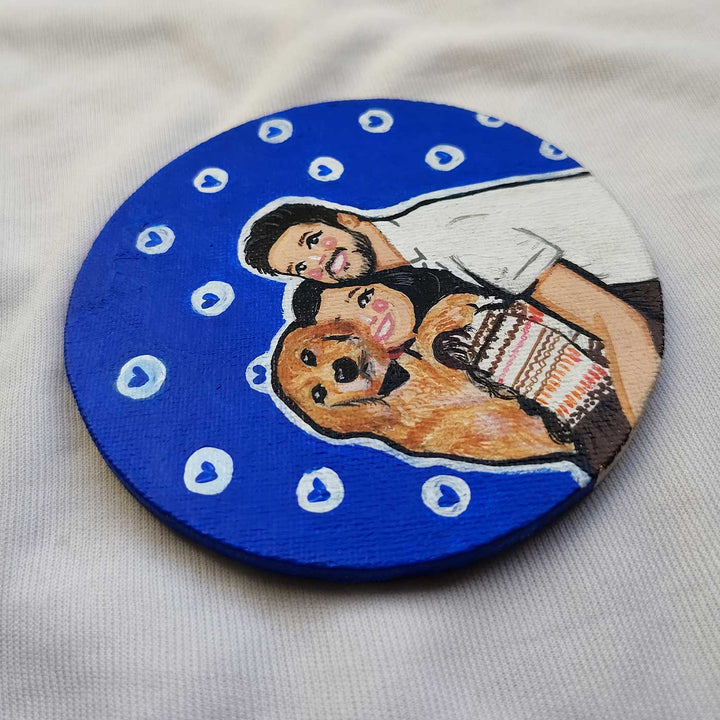Personalized Photo Based Caricature Round Blue Fridge Magnet