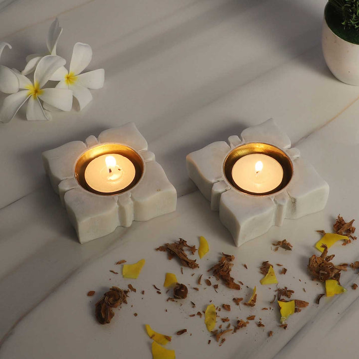 Set Of 2 | Handmade Square Marble & Brass Oil Lamp / Diya For Pooja Decor