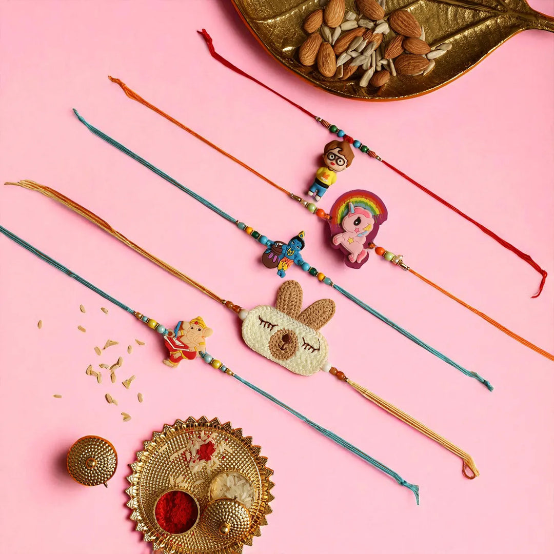 Handmade Unicorn, Bunny, Boy, Ganesh & Krishna Rakhi With Roli Chawal | Set Of 5