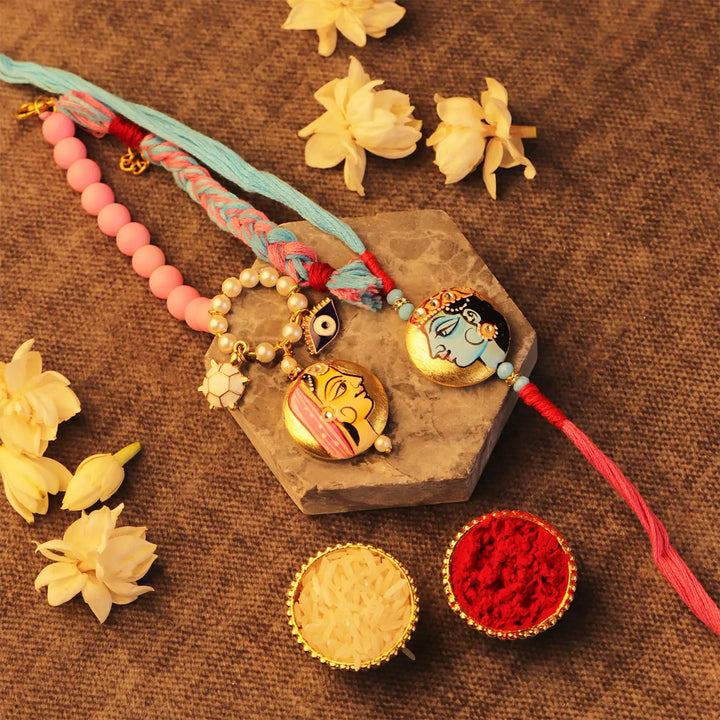 Hand-Painted Radha Krishna Bhaiya Bhabhi Rakhi With Roli Chawal | Set Of 2