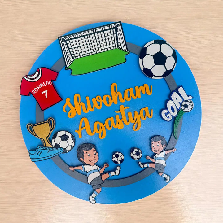 Personalized Football Theme MDF Wood Kids Name Plate For Siblings
