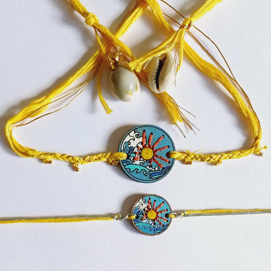 Handmade Blue Sea Sun Design Ghungroo Shell Wooden Bhaiya Bhabhi Rakhi With Roli Chawal