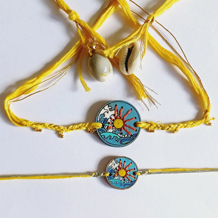 Handmade Blue Sea Sun Design Ghungroo Shell Wooden Bhaiya Bhabhi Rakhi With Roli Chawal