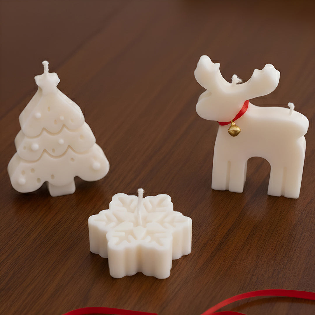 3 Pc | Handmade Scalloped Tree, Reindeer & Snowflake Soy Wax Candles