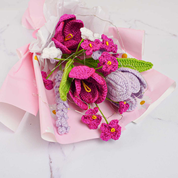 Handmade Crochet Violet Flower Bouquet With Lights