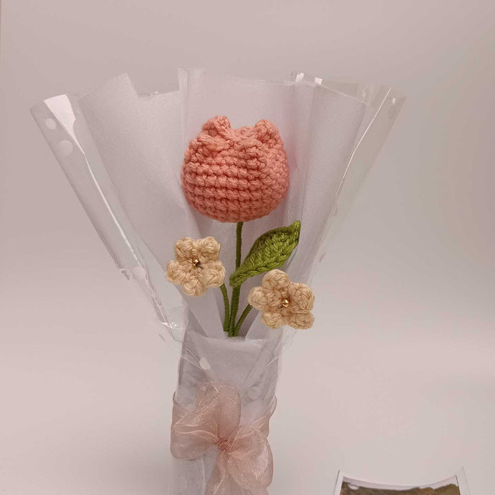 Handmade Crochet Peach Tulip Mini Flower Bouquet | Includes Photo & Greeting Card