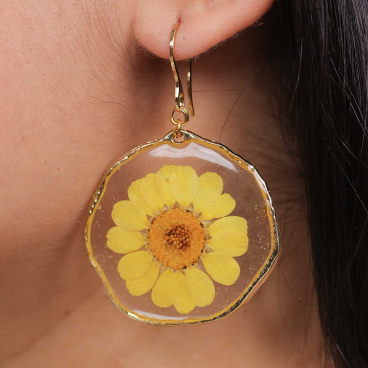 Handmade Preserved Flower Yellow Daisy Brass Earrings