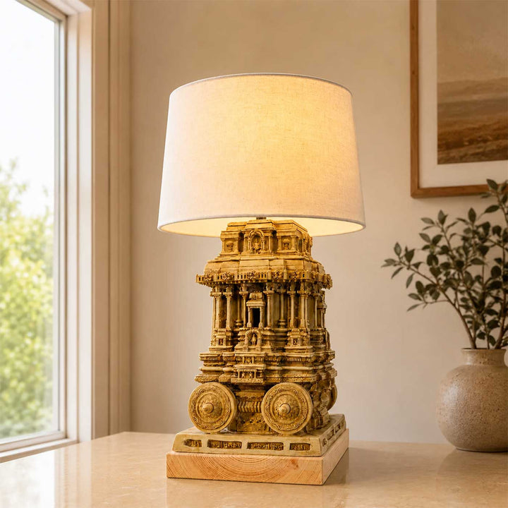 Handcrafted Vijaya Hampi Stone Chariot Miniature Table Lamp For Home Decor