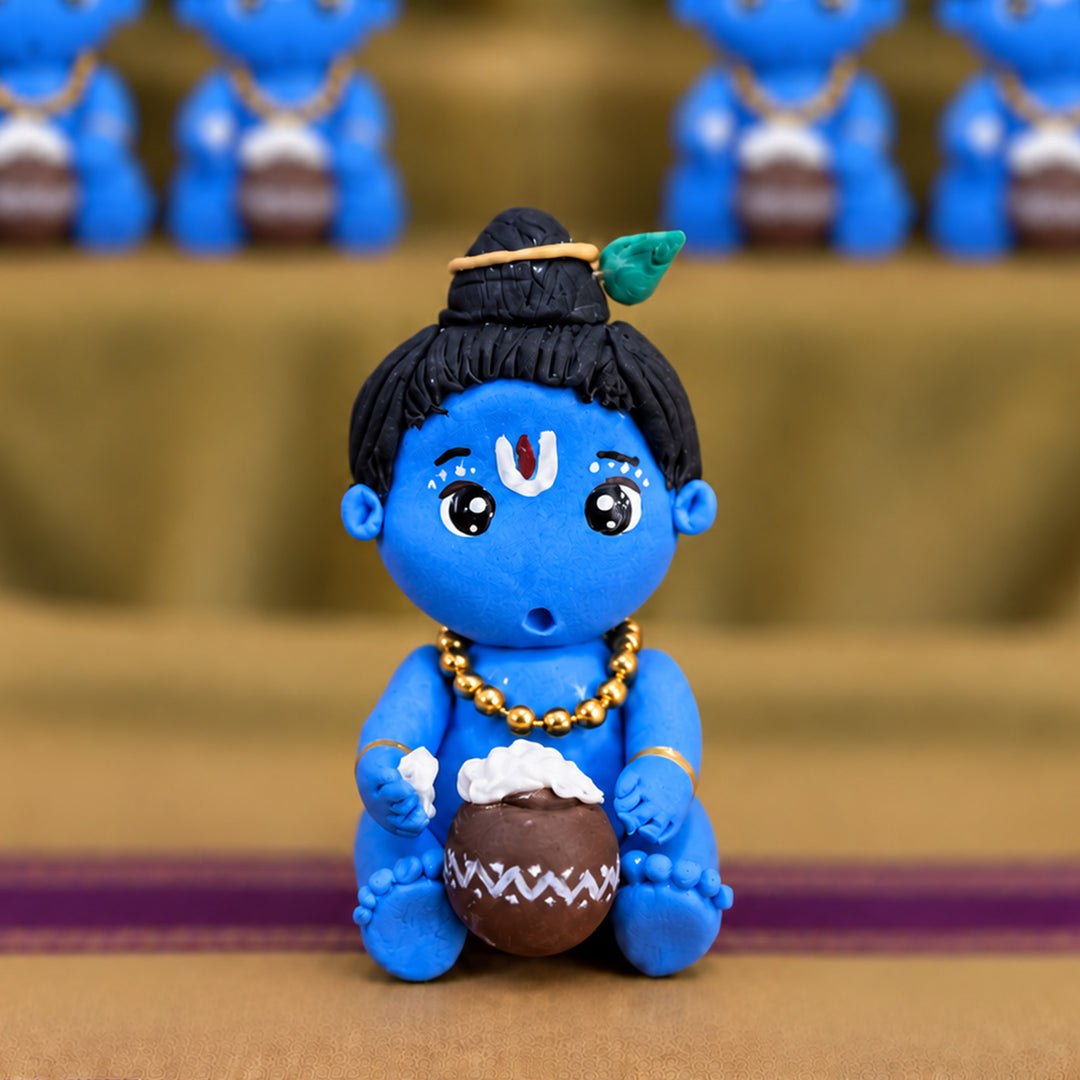 Handmade Miniature Krishna With Butter Pot Clay Golu Doll For Festive Decor