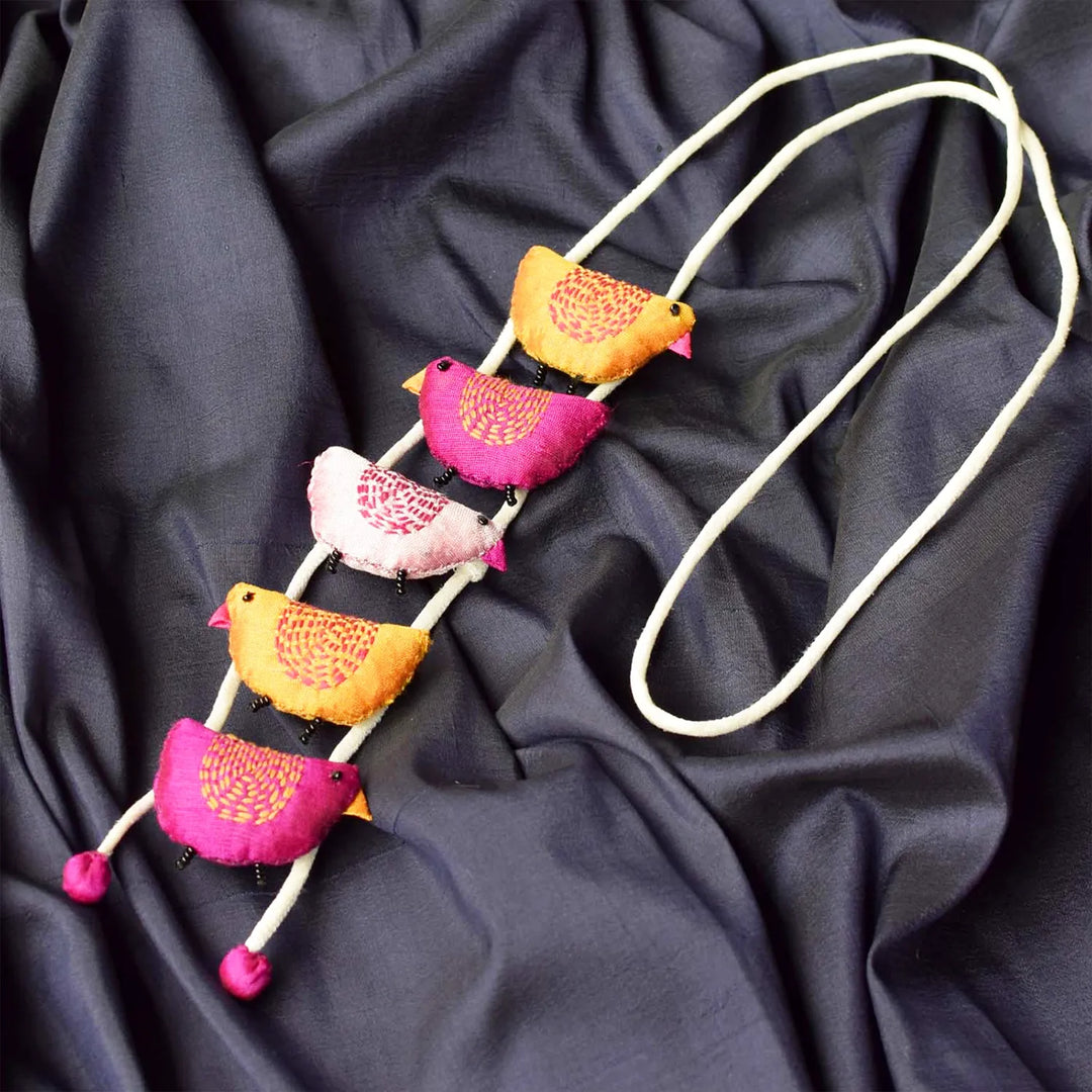 Handmade Textile Art Bulbul Bird Dupion Silk Fabric Necklace