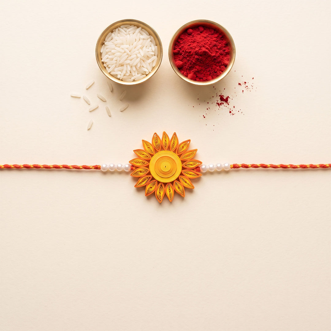Handmade Paper Quilled Sun Themed Rakhi With Roli Chawal For Brother