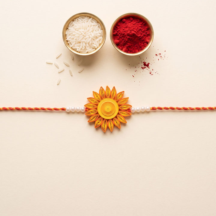 Handmade Paper Quilled Sun Themed Rakhi With Roli Chawal For Brother