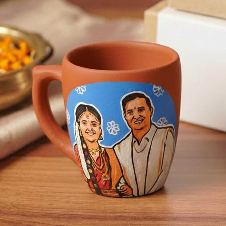 South Indian Couple Photo Personalized Handpainted Terracotta Mug | 280 Ml