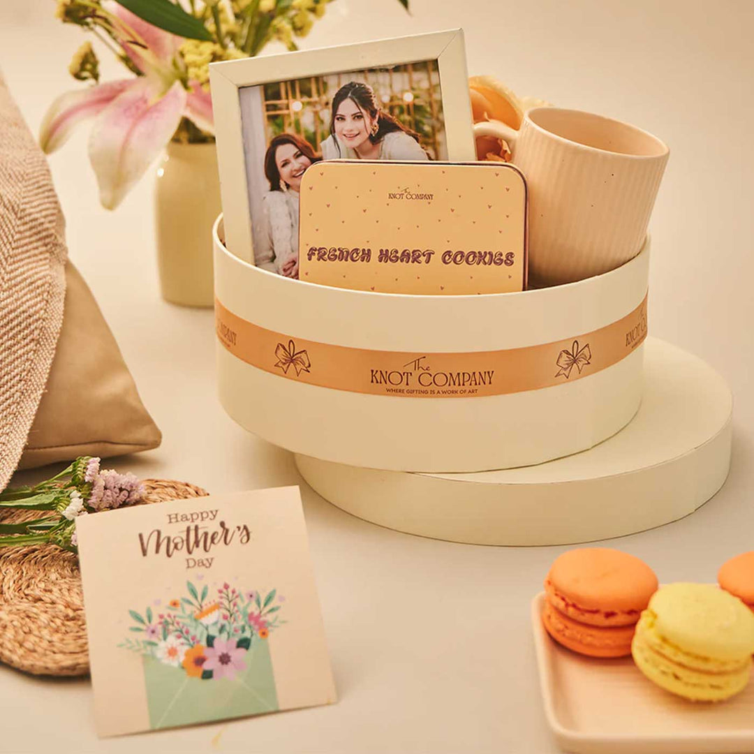 Photo Personalized Sweet Like Maa Gift Box | Includes 1 Ivory Photo Frame, 1 French Heart Cookies Tin, 1 Ribbed & Glazed Ceramic Mug, 1 Mother’s Day Postcard, 1 Chic Circular Gift Box