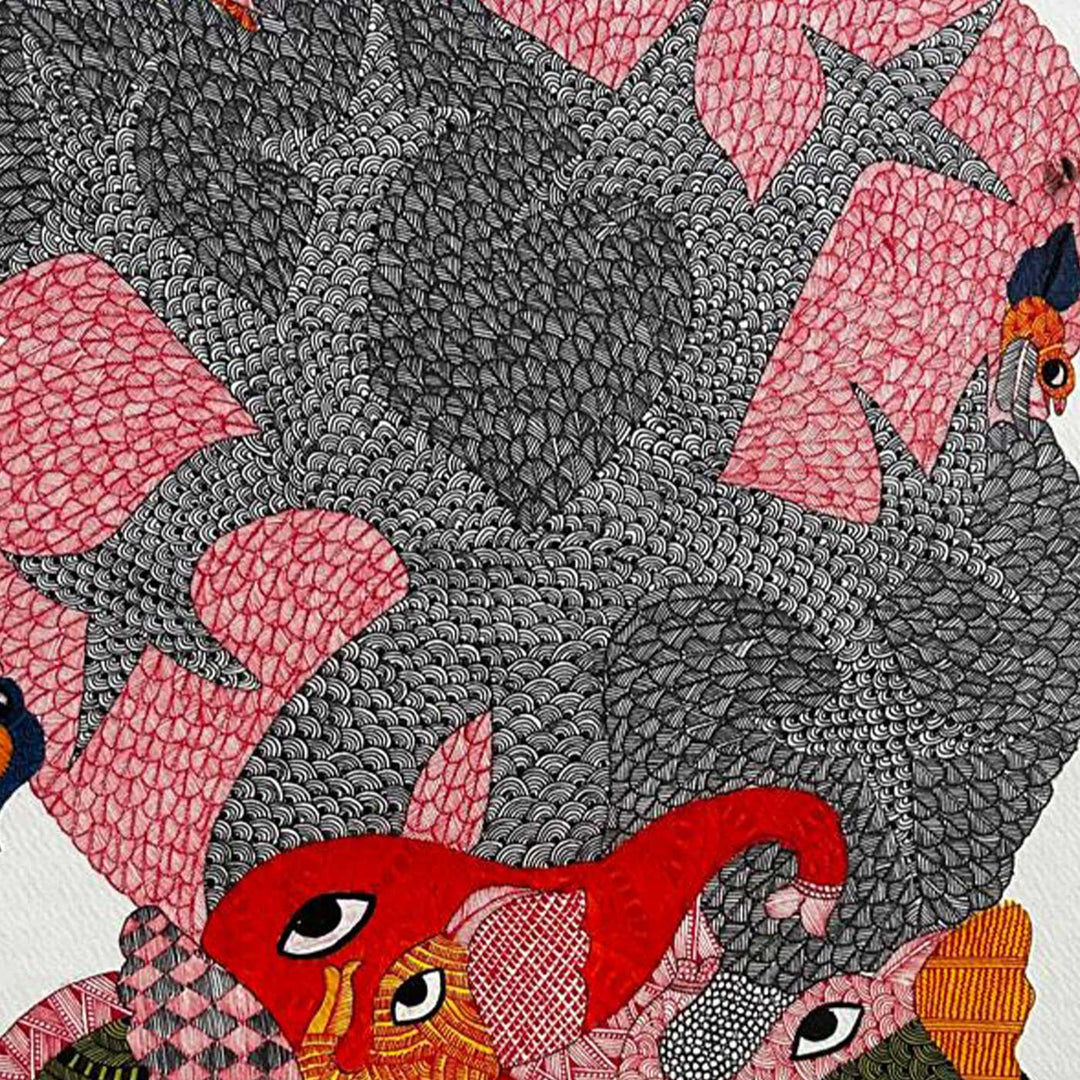 15 x 22 Inch | Elephants’ Canopy | Original Hand Painted Tribal Gond Art Painting | Acrylic Paints On Paper