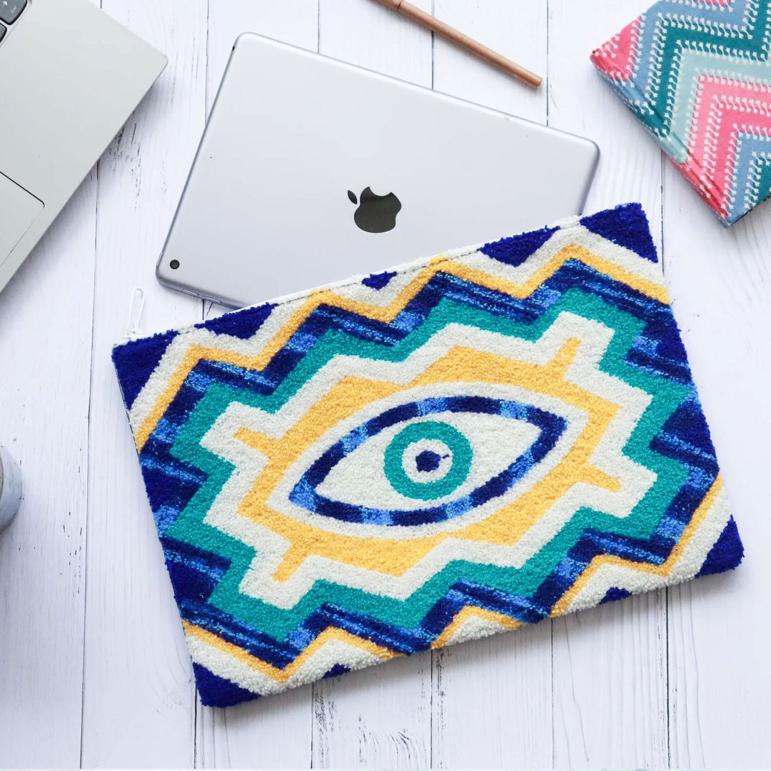 Hand Embroidered Evil Eye Cotton Tablet Sleeve | 8 x 6 Inch