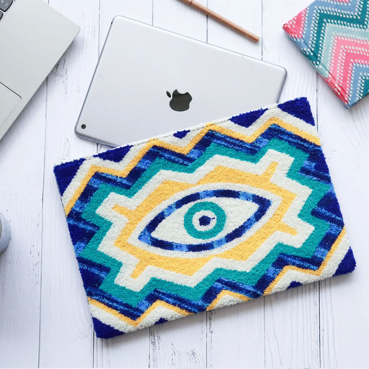 Hand Embroidered Evil Eye Cotton Tablet Sleeve | 8 x 6 Inch