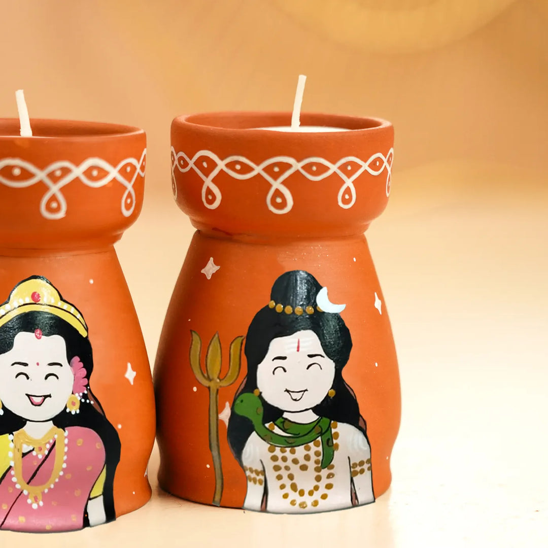 Hand-Painted Shiv Parvati Terracotta Tealight Holder | Set Of 2
