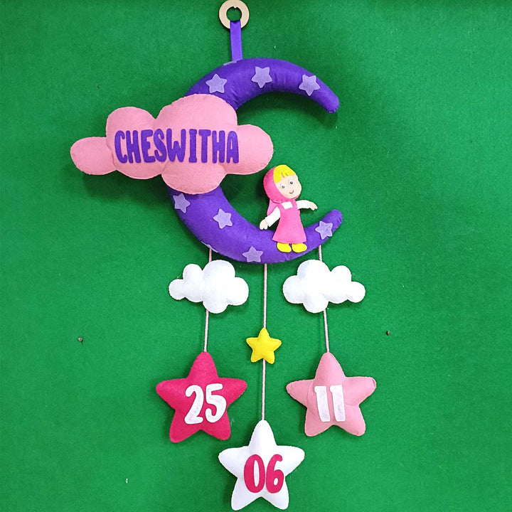 Personalized Handmade Masha Theme Moon & Cloud Felt Kids Name Plate with Birthdate