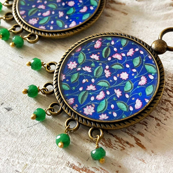 Blue Floral Pichwai Lotus Design Metal Earrings