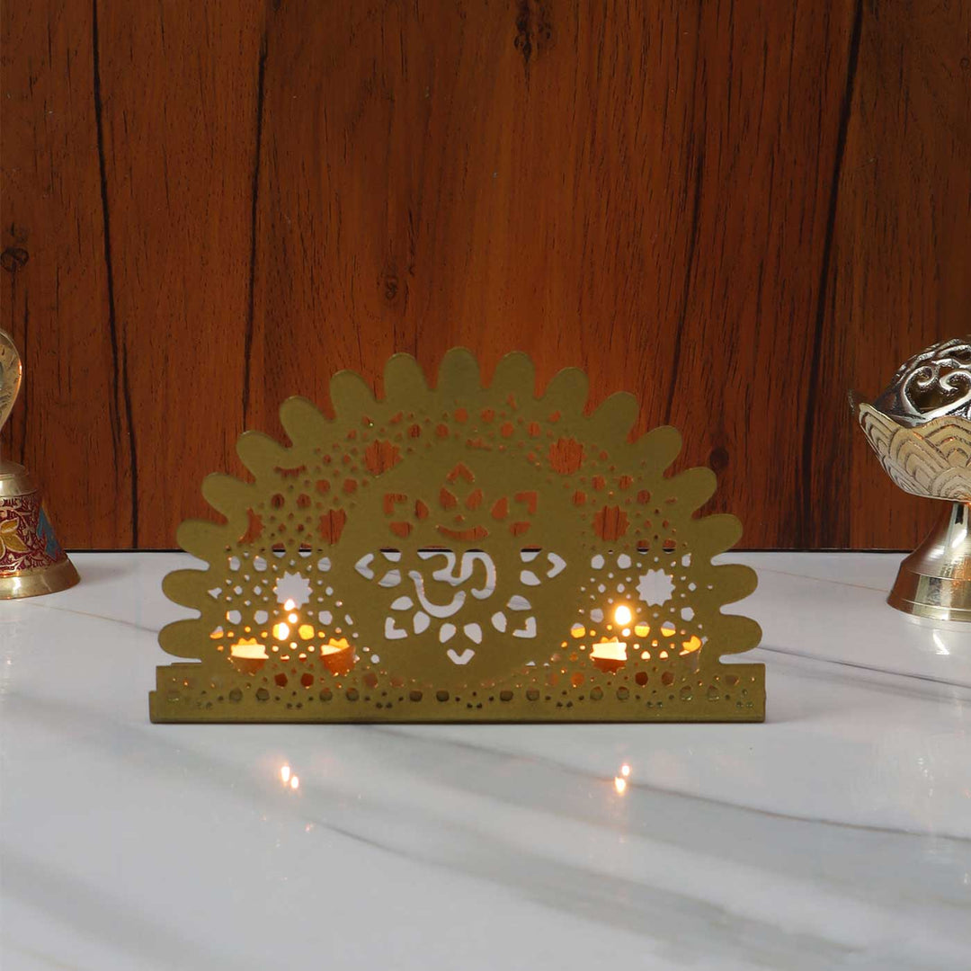 Handmade Om Motif Metal Tealight Holder For Pooja Room Decor