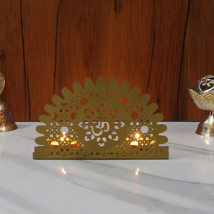 Handmade Om Motif Metal Tealight Holder For Pooja Room Decor